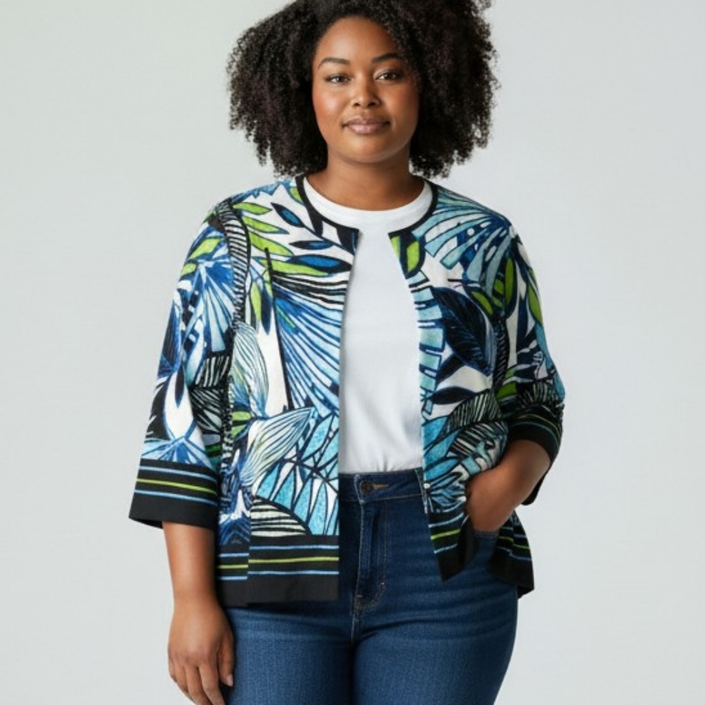 K Studio Women's Cropped Knit Cardigan Blue Print 3/4 Sleeves Size 14